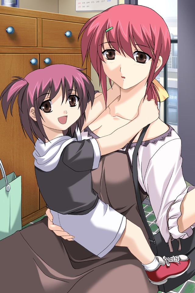 2girls :d :o age_difference anicd apron arms_around_neck ass ass_grab bag bangs blush bottle breasts brown_eyes calendar_(object) chest_of_drawers child cleavage ending fingernails game_cg gloves hair_ornament hair_ribbon hairclip handbag hood hoodie housewife hug indoors kim_kwang_hyun kisetsu_no_hanayome lace large_breasts long_fingernails long_hair looking_at_viewer looking_back low_ponytail mature milf mother_and_daughter multiple_girls older on_floor open_mouth ponytail purple_hair redhead ribbon shoes shopping_bag short_hair short_sleeves shorts side_ponytail sitting smile sneakers socks spoilers straddling tile_floor tiles upright_straddle window yukishiro_hazuna