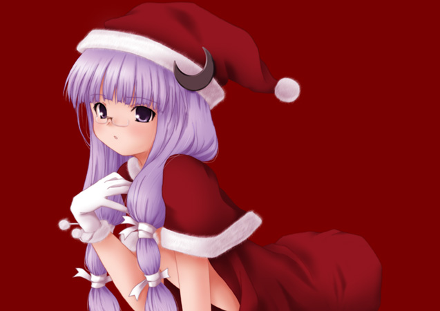 1girl alternate_costume bespectacled christmas crescent female glasses gloves hat long_hair makkuroh_(pixiv) md5_mismatch patchouli_knowledge purple_hair red_background santa_costume santa_hat simple_background solo touhou violet_eyes white_gloves