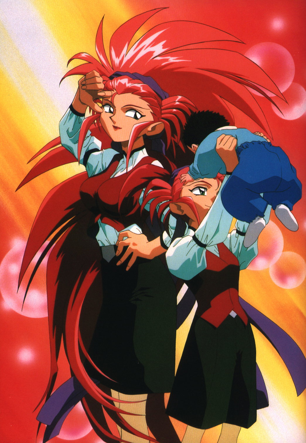 2girls 90s age_difference baby breasts dual_persona green_eyes hair_slicked_back hakubi_washuu highres large_breasts long_hair multiple_girls older redhead skirt spiky_hair tenchi_muyou! time_paradox very_long_hair