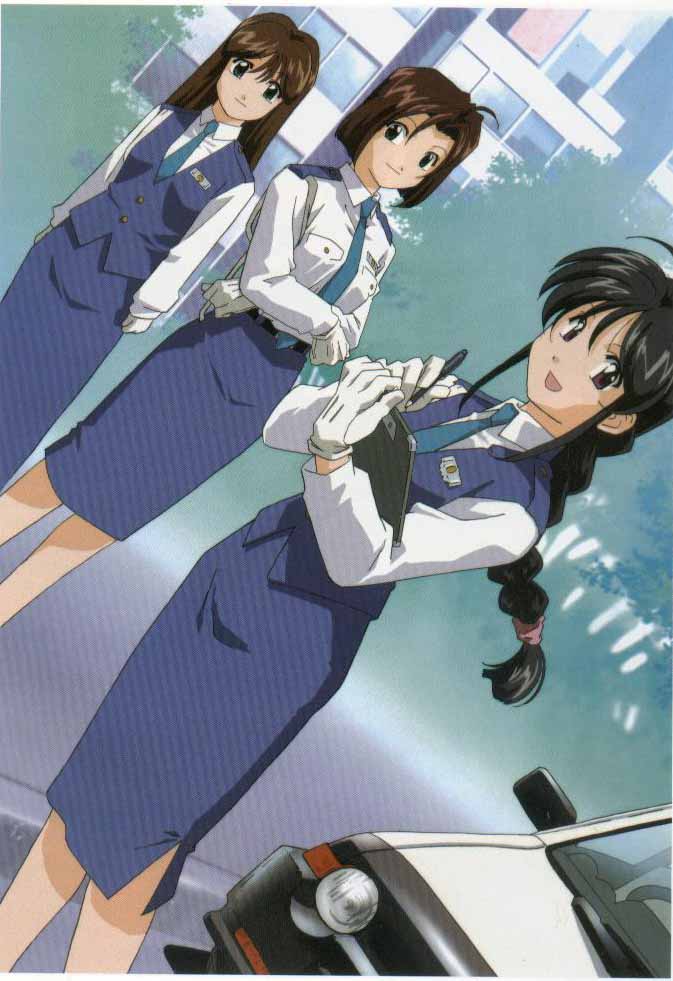 3girls black_hair brown_hair car gloves ground_vehicle kobayakawa_miyuki long_hair motor_vehicle multiple_girls nakajima_atsuko pencil_skirt police police_car police_uniform policewoman saga_saori saori skirt tsujimoto_natsumi uniform vehicle white_gloves you're_under_arrest yua_visual_book