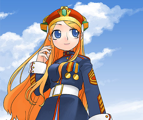 1girl belt blue_eyes crown long_hair lowres maritan medal military military_uniform orange_hair pixel_maritan sky solo uniform very_long_hair