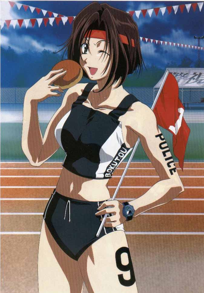 1girl 90s ;o bare_shoulders black_hair body_writing bread breasts brown_hair buruma chain-link_fence clothes_writing clouds collarbone cowboy_shot crop_top drawstring eating fence flag food green_eyes hand_on_hip headband holding large_breasts looking_at_viewer midriff nakajima_atsuko navel number one_eye_closed open_mouth outdoors scan short_hair sky solo sportswear standing sweat tank_top tattoo tent track track_and_field tsujimoto_natsumi watch watch wink you're_under_arrest yua_visual_book