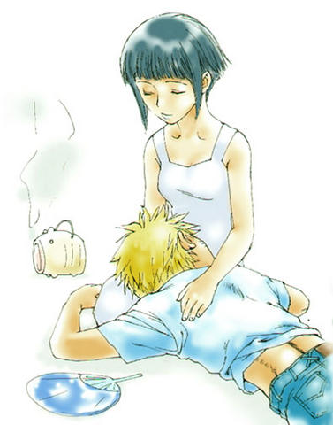 1boy 1girl artist_request blonde_hair closed_eyes contemporary couple denim dress fan hetero hyuuga_hinata incense jeans katori_buta lap_pillow lowres midriff naruto pants paper_fan pig sleeping uchiwa uzumaki_naruto white_dress