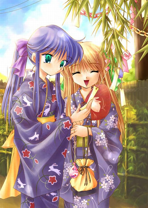 2girls ^_^ aqua_eyes bag bamboo blonde_hair blue_hair bunny_print closed_eyes cowboy_shot fan fence floral_print hair_ribbon handbag japanese_clothes kanon kawasumi_mai kimono kurata_sayuri lens_flare long_hair multiple_girls paper_fan ponytail purple_ribbon ribbon sidelocks sky tanabata tanzaku tree uchiwa yukata