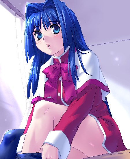 1girl blue_eyes blue_hair capelet curtains dressing kanon legs lips looking_at_viewer minase_nayuki oekaki parted_lips red_skirt room school_uniform serafuku single_thighhigh sitting skirt solo thigh-highs thighs zen