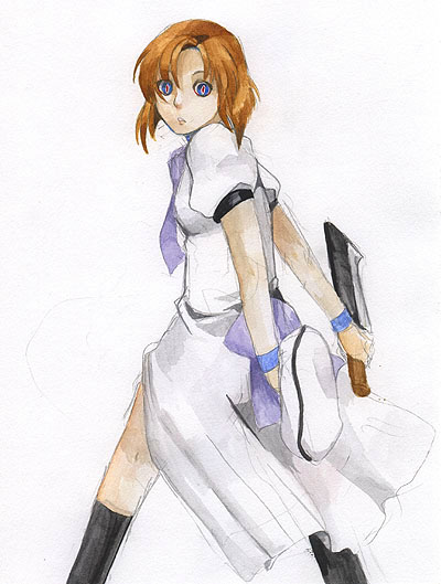 1girl beret billhook black_legwear blue_eyes brown_hair crazy_eyes dress hat hatchet higurashi_no_naku_koro_ni holding holding_sword holding_weapon kneehighs looking_at_viewer ryuuguu_rena short_hair short_sleeves simple_background solo standing sword weapon white_background white_dress