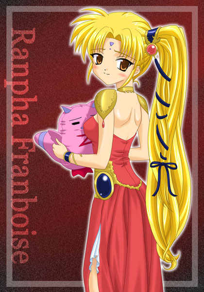 00s 1girl bangs blonde_hair blush broccoli_(company) brown_eyes character_name dress evening_gown forehead_mark galaxy_angel long_hair looking_at_viewer looking_back normad outline outside_border ponytail ranpha_franboise ribbon side_ponytail very_long_hair