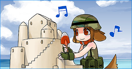 1girl animal_ears army-san army-tan beach brown_hair clouds collar dog_ears dog_tags dog_tail fingerless_gloves gloves helmet hirai_yukio lowres maritan military military_uniform musical_note ocean outdoors pixel_maritan quaver red_eyes sand sand_castle sand_sculpture short_hair sky sleeveless solo tail uniform water worktool