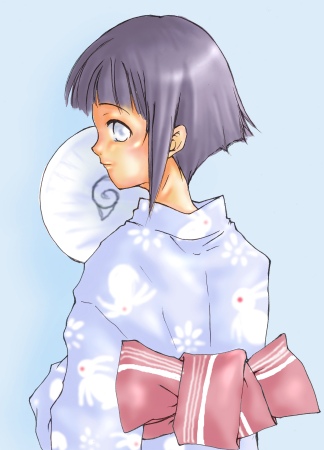 1girl artist_request blue_background fan hyuuga_hinata japanese_clothes kimono lowres naruto purple_hair short_hair solo white_eyes yukata