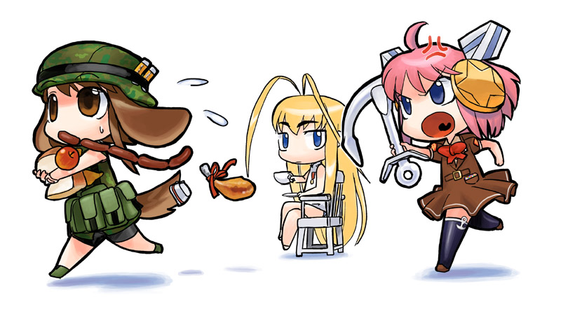 3girls anchor anger_vein angry animal_ears antenna_hair apple army-san army-tan blonde_hair blue_eyes bow bread brown_eyes camouflage chair chasing chibi chicken_(food) cup dog_ears dog_tail dress food fruit helmet hirai_yukio legs_crossed maritan medal military military_uniform multiple_girls navy-san open_mouth pink_hair pixel_maritan ribbon running saucer sausage sitting tail teacup thigh-highs uniform