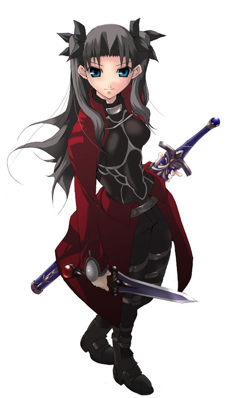 1girl archer archer_(cosplay) caliburn cosplay fate/stay_night fate_(series) hino_akira sheath sheathed solo sword tohsaka_rin two_side_up weapon