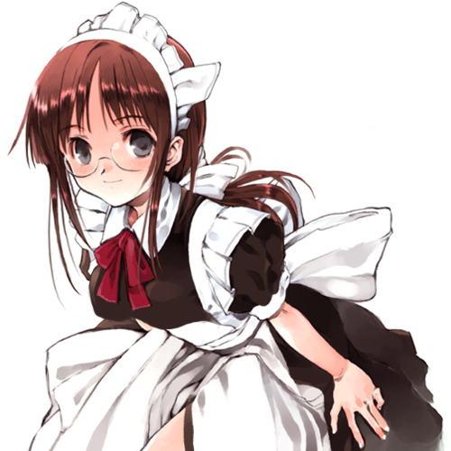 1girl black_eyes brown_hair frills glasses koin_(foxmark) leaning_forward logo looking_at_viewer lowres maid maid_headdress original photoshop simple_background smile solo white_background
