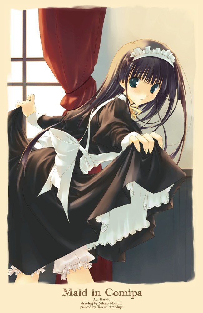 00s 1girl amazuyu_tatsuki apron artist_name bangs black_dress bloomers blush brown_hair character_name collaboration comic_party curtains dress from_behind from_side green_eyes hasebe_aya indoors juliet_sleeves leaning_forward long_hair long_sleeves looking_at_viewer maid maid_apron maid_headdress mitsumi_misato outstretched_arms parted_lips petticoat puffy_sleeves skirt skirt_lift smile solo spread_arms underwear window