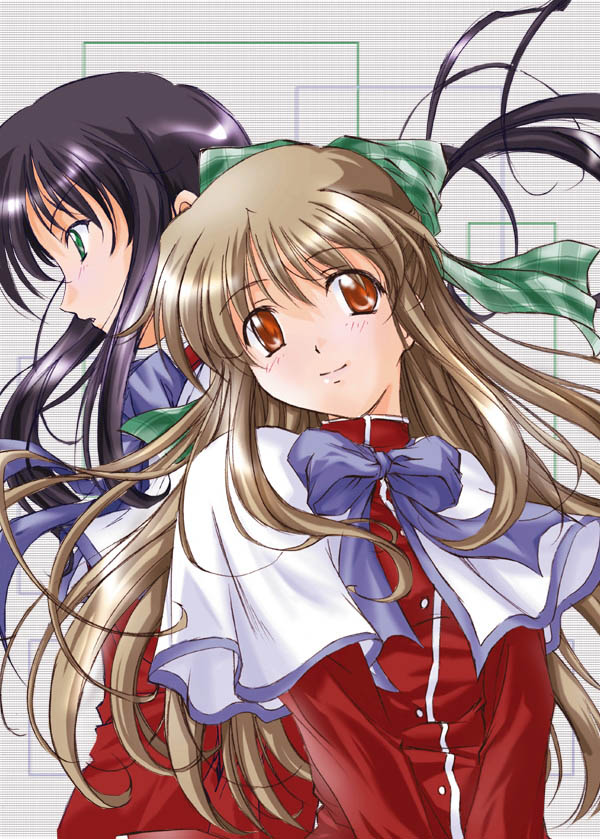 2girls bangs black_hair blonde_hair bow green_eyes hair_bow kanon kawasumi_mai kurata_sayuri light_brown_hair long_hair looking_at_viewer looking_to_the_side multiple_girls open_mouth orange_eyes red_clothes red_eyes school_uniform serafuku smile