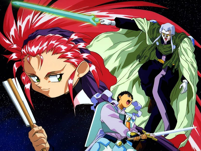 1girl 2boys 90s black_hair brown_eyes energy_sword green_eyes hair_slicked_back hakubi_washuu kagato masaki_tenchi multiple_boys redhead silver_hair spiky_hair sword tenchi_muyou! weapon yellow_eyes