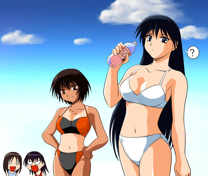 4girls ? azumanga_daioh bikini black_hair blue_eyes bottle brown_eyes clouds hands_on_hips kagura kagura_(azumanga_daiou) kasuga_ayumu long_hair multiple_girls o_o one-piece_tan open_mouth sakaki short_hair spoken_question_mark swimsuit takino_tomo tan tanline white_bikini white_swimsuit