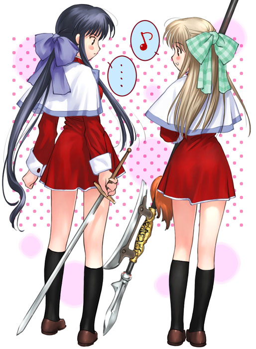 ... 2girls black_hair blonde_hair bow kanon kawasumi_mai kneehighs koyama_hirokazu kurata_sayuri legs long_hair multiple_girls musical_note polearm ponytail red_skirt school_uniform serafuku skirt sword weapon