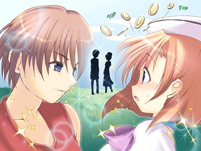 1boy 1girl 1up beret blue_eyes blush brown_hair coin couple grass hat hetero higurashi_no_naku_koro_ni lowres maebara_keiichi meadow nature neck_ribbon outdoors profile ribbon ryuuguu_rena short_hair smile sparkle standing