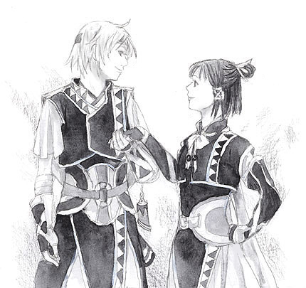 1boy 1girl ahoge arms_at_sides bow bowtie closed_mouth collarbone cowboy_shot elbow_gloves eye_contact fingerless_gloves freyjadour_falenas gensou_suikoden gensou_suikoden_v gloves greyscale hair_tubes hand_holding hand_on_hip headband looking_at_another lowres lyon monochrome ponytail sidelocks simple_background smile standing white_background