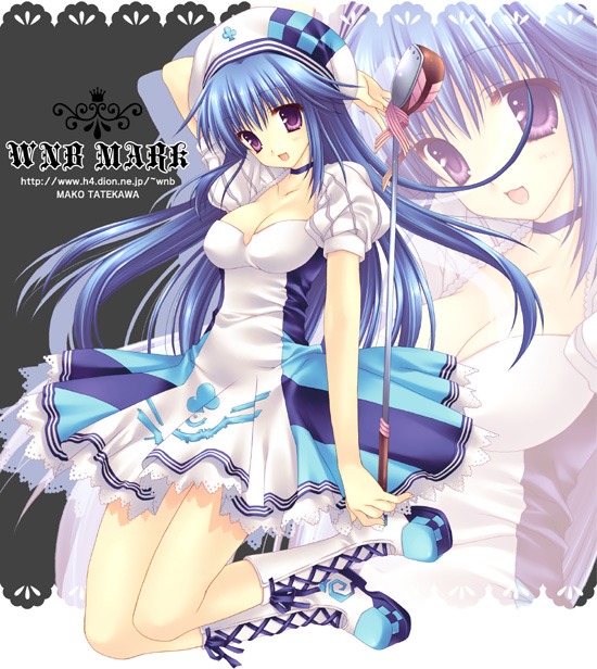 1girl arin blue_hair boots breasts choker cleavage collarbone cross-laced_footwear full_body golf_club hat knee_boots lace-up_boots large_breasts long_hair looking_at_viewer pangya skirt smile solo violet_eyes watermark web_address white_boots wnb_mark zoom_layer