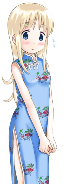 1girl ana_coppola blonde_hair blue_eyes child china_dress chinese_clothes dress eyeshadow ichigo_mashimaro long_hair makeup simple_background solo