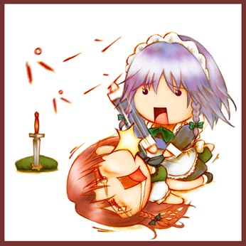 2girls braid chibi drooling female hat hat_removed headwear_removed hong_meiling immaterial_and_missing_power izayoi_sakuya knife lowres multiple_girls open_mouth planted_sword planted_weapon saliva sitting sitting_on_person slapping sword touhou twin_braids weapon