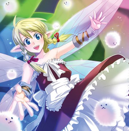 1girl :3 apron blonde_hair blue_eyes bow braid dress fairy frills inue_shinsuke lowres open_mouth original outstretched_arms pointy_ears rainbow_background red_dress ribbon smile solo spread_arms twin_braids wings