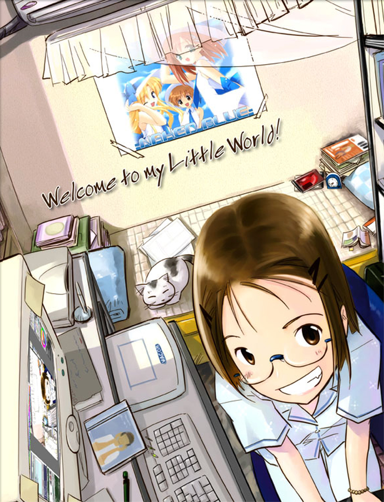 1girl bed brown_eyes brown_hair cat computer english glasses grin looking_at_viewer scanner smile solo