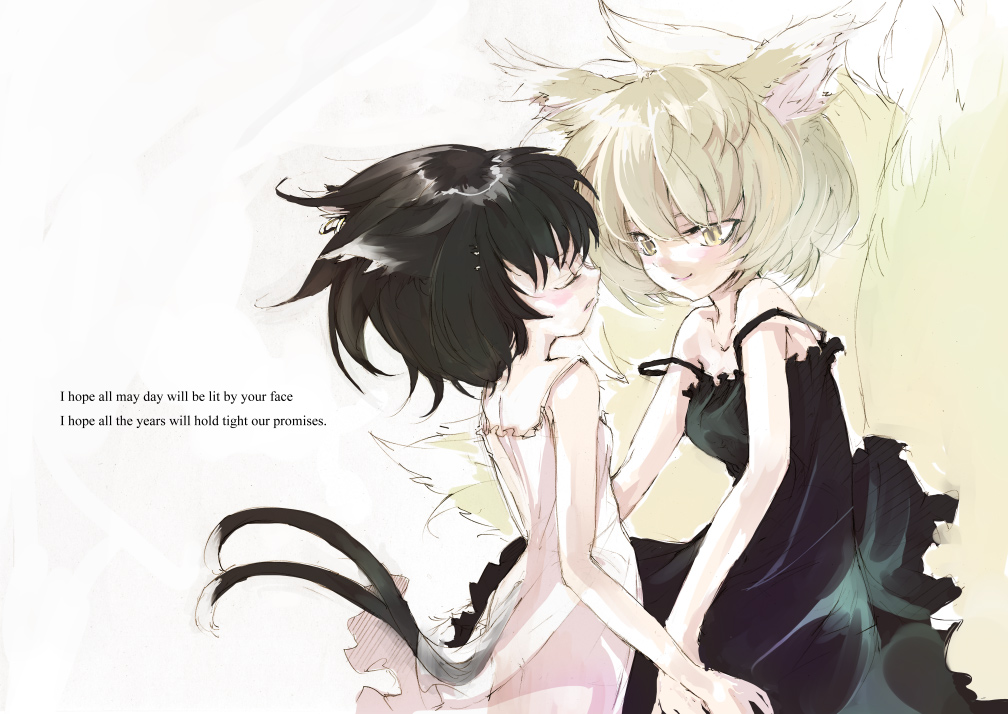 2girls animal_ears black_hair blonde_hair camisole cat_ears cat_tail chen earrings engrish female fox_ears fox_tail jewelry lingerie multiple_girls multiple_tails ranguage see-through shunsei_(muratou) smile tail touhou underwear yakumo_ran yellow_eyes