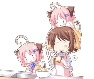 1boy 2girls =_= ahoge animal_ears animated animated_gif apron blush bowl brown_hair cat_ears cat_tail chibi child cooking facial_hair fish goatee hair_ornament hairclip heart jack_(neko_kawaigari!) jack_(nekokawaigari) lowres multiple_girls nami_(neko_kawaigari!) nami_(nekokawaigari) neko_kawaigari! nekokawaigari object_on_head open_mouth pink_hair short_hair siblings sisters tail transparent_background twins umi umi_(neko_kawaigari!) umi_(nekokawaigari)