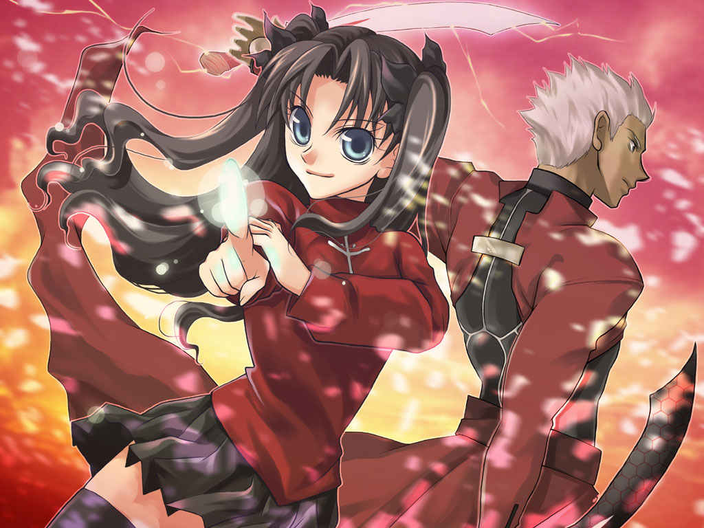 1boy 1girl archer blue_eyes cherry_blossoms closed_mouth cowboy_shot cross_print dark_skin fate/stay_night fate_(series) long_sleeves looking_at_viewer nina_(pastime) petals pleated_skirt skirt smile smirk spiky_hair sweater thigh-highs tohsaka_rin turtleneck twintails zettai_ryouiki