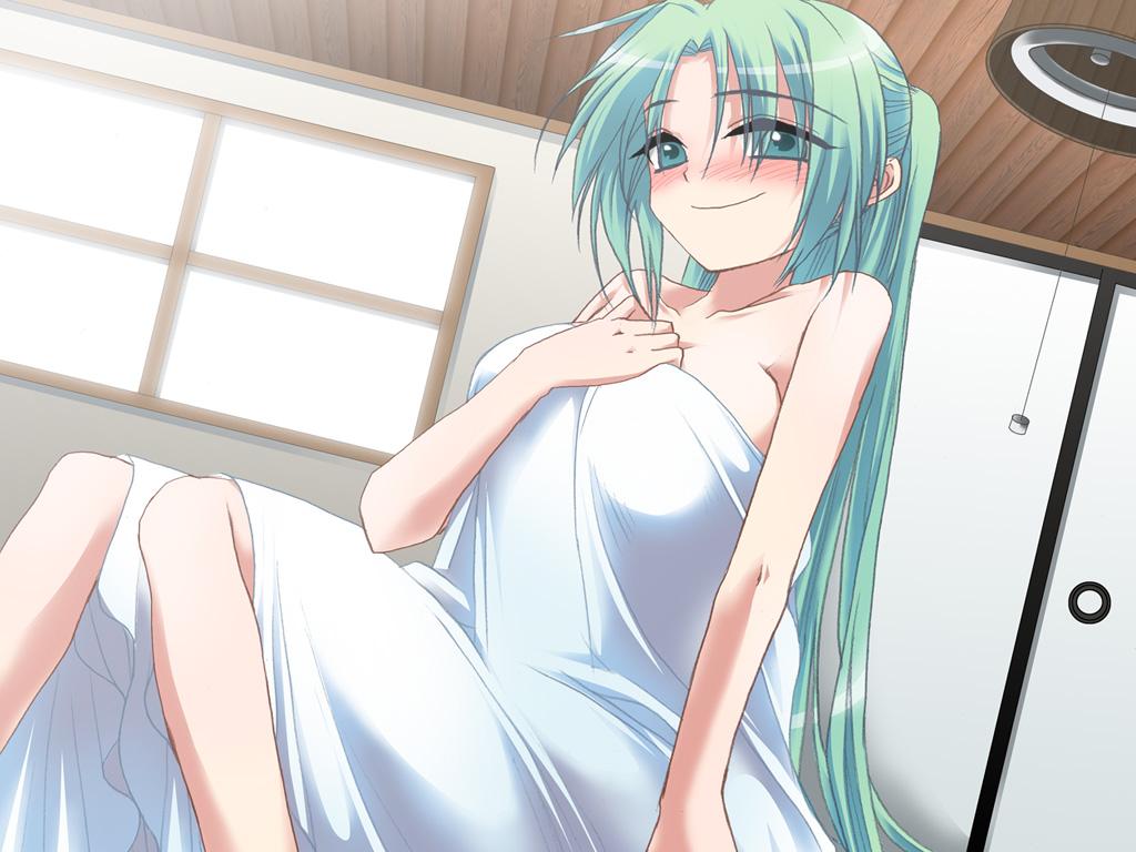 1girl bare_shoulders blush fujitaka_(akasora) fujitaka_akasora green_eyes green_hair higurashi_no_naku_koro_ni long_hair looking_at_viewer naked_sheet ponytail smile solo sonozaki_mion