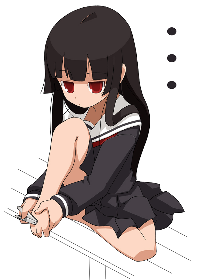 1girl bangs barefoot black_hair blunt_bangs enma_ai feet hime_cut imaizumi_teruhiko jigoku_shoujo nail_clippers pedicure school_uniform serafuku solo teruhiko_imaizumi toenails toes