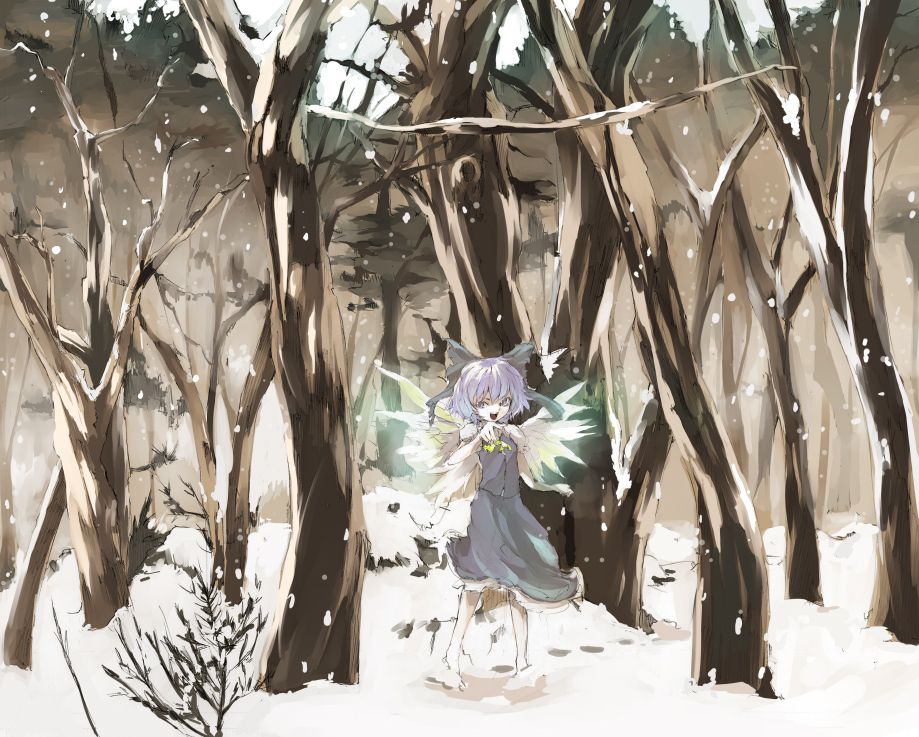 1girl blue_eyes blue_hair cirno female forest nature outdoors perfect_cherry_blossom short_hair shunsei_(muratou) snow snowing solo touhou tree wings