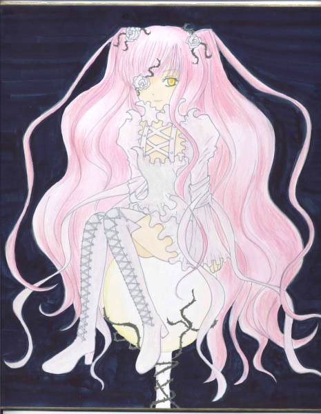00s 1girl boots cross-laced_clothes cross-laced_footwear dress flower flower_eyepatch hair_flower hair_ornament kirakishou long_hair long_sleeves looking_at_viewer pink_hair plant puffy_sleeves rozen_maiden sitting smile solo thigh-highs thigh_boots two_side_up very_long_hair vines wavy_hair white_clothes yellow_eyes