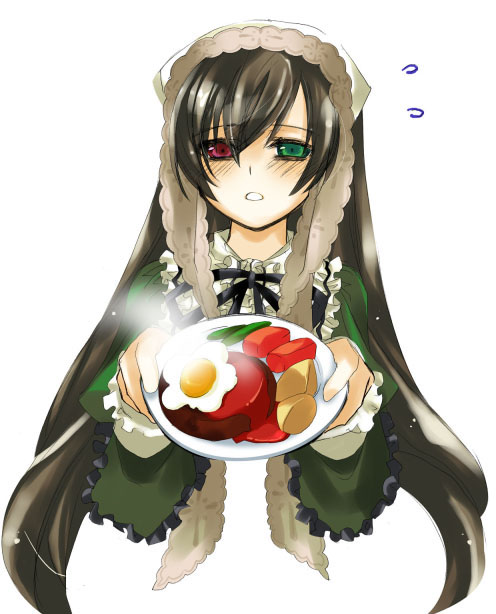 00s 1girl bacon beans blush brown_hair flying_sweatdrops food fried_egg green_eyes head_scarf heterochromia holding long_hair long_sleeves plate red_eyes rozen_maiden sauce solo straightchromia suiseiseki upper_body vegetable very_long_hair