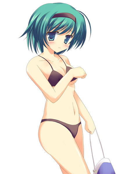 1girl aqua_eyes bag bare_arms bare_shoulders bikini black_bikini blush breasts cleavage covering covering_breasts embarrassed green_eyes green_hair hairband holding looking_at_viewer navel short_hair simple_background small_breasts solo swimsuit to_heart_2 under_boob white_background yoshioka_chie