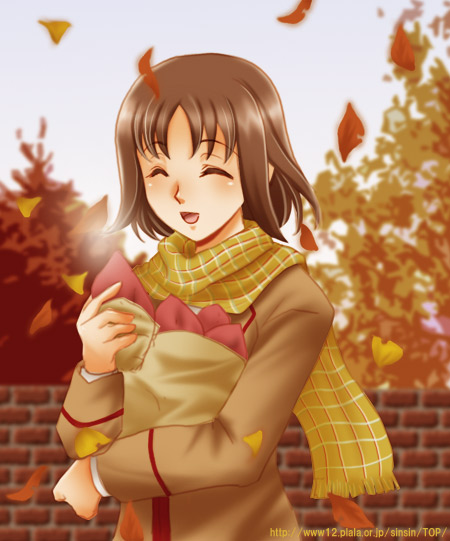 autumn autumn_leaves brown_hair food gokujou_seitokai katsura_seina leaf scarf sinko sweet_potato