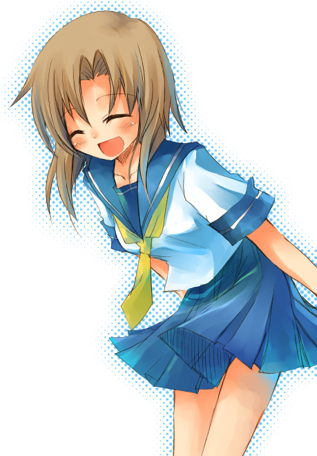 1girl :d ^_^ brown_hair closed_eyes cowboy_shot higurashi_no_naku_koro_ni neckerchief open_mouth ryuuguu_rena school_uniform serafuku short_sleeves skirt smile solo suzushiro_kurumi