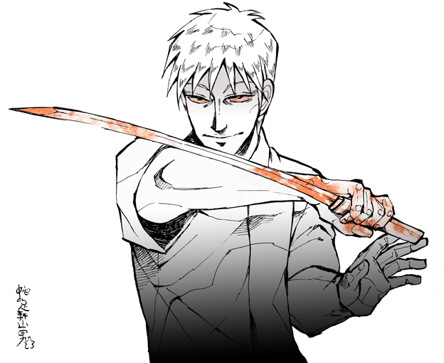 1boy akagi akagi_shigeru katana male_focus monochrome solo spot_color sword weapon