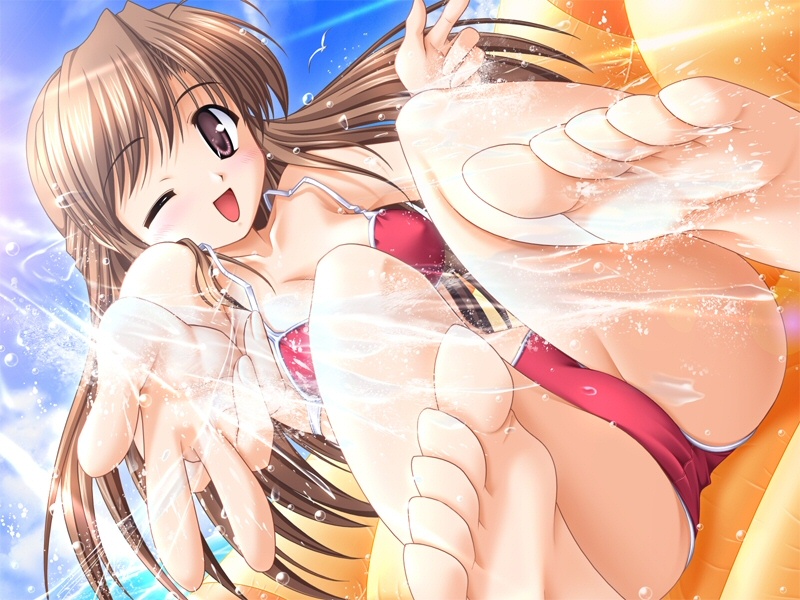 00s 1girl barefoot bekkankou bikini brown_eyes brown_hair feet fujieda_honami game_cg hanihani long_hair one_eye_closed open_mouth soles solo swimsuit toes tsuki_wa_higashi_ni_hi_wa_nishi_ni water wink