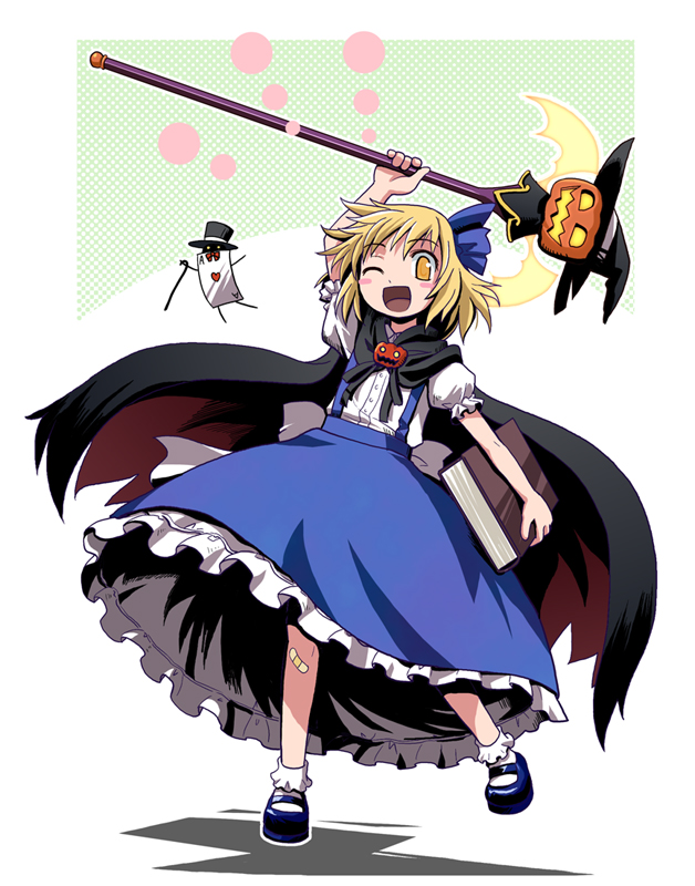 1girl ;d alice_margatroid alice_margatroid_(pc-98) arm_up bandaid bandaid_on_knee bat_wings blonde_hair blouse blue_shoes bobby_socks book bow cane card cloak female full_body hair_bow halloween haniwa haniwa_(leaf_garden) happy hat holding holding_book holding_staff jack-o'-lantern looking_at_viewer mary_janes mystic_square one_eye_closed open_mouth playing_card pumpkin ribbon shoes short_hair skirt smile socks solo staff top_hat touhou touhou_(pc-98) walking_stick white_legwear wings witch_hat yellow_eyes