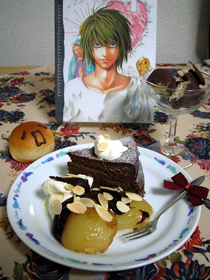 1boy 2d_dating bags_under_eyes cake chocolate death_note dessert food fruit fujoshi l_(death_note) lonely male_focus moonpie pastry pear photo