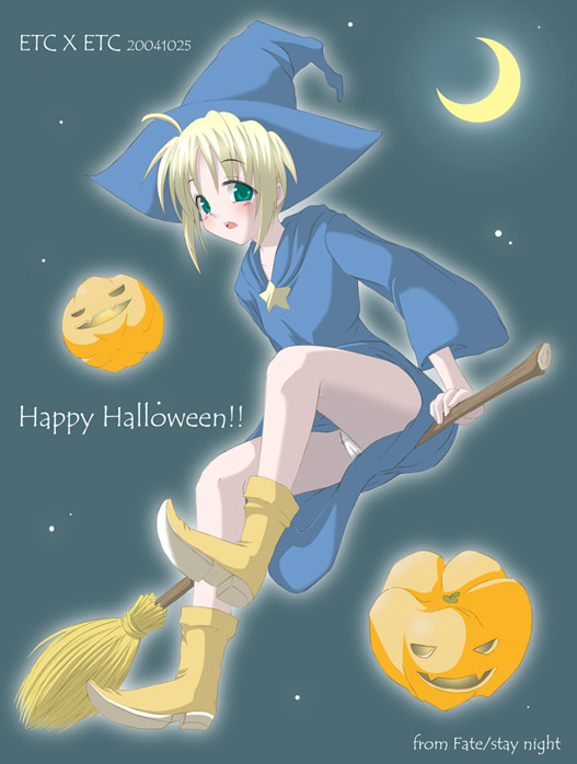 00s 1girl 2004 alternate_costume blonde_hair blue_background copyright_name dated fate/stay_night fate_(series) halloween happy_halloween jack-o'-lantern pumpkin saber sidesaddle solo