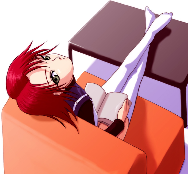 00s 1girl book chair green_eyes looking_up my-hime redhead sitting solo table thigh-highs white_legwear yuuki_nao