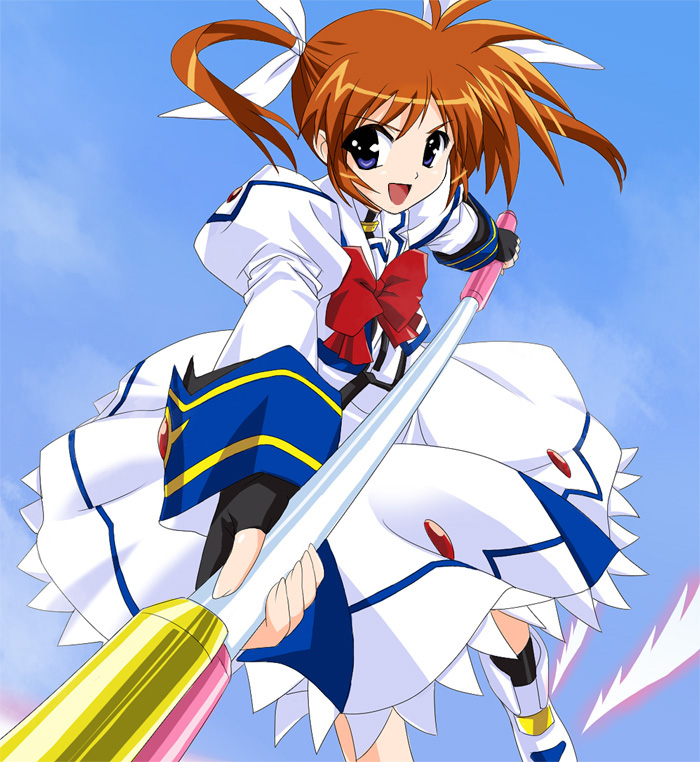 1girl bow fingerless_gloves gloves lyrical_nanoha magical_girl mahou_shoujo_lyrical_nanoha mahou_shoujo_lyrical_nanoha_a's oisin raising_heart red_bow redhead shoes solo takamachi_nanoha twintails violet_eyes winged_shoes wings