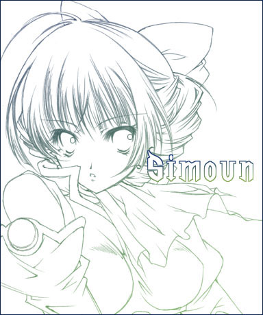 1girl blue bow breasts gradient green hair_bow lowres mamiina monochrome simoun solo upper_body