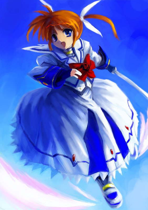 1girl bow fingerless_gloves gloves lyrical_nanoha magical_girl mahou_shoujo_lyrical_nanoha mahou_shoujo_lyrical_nanoha_a's oisin raising_heart red_bow redhead shoes solo takamachi_nanoha twintails violet_eyes winged_shoes wings