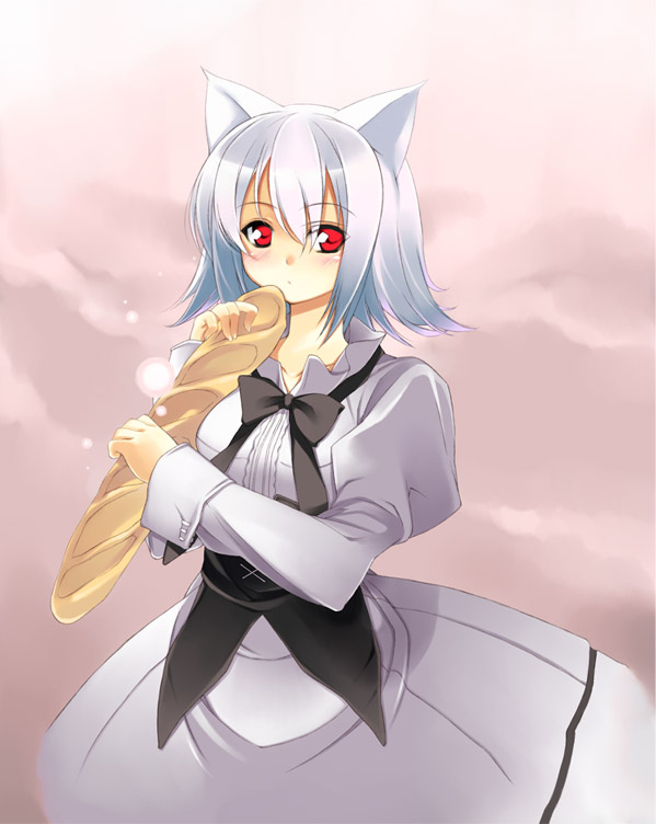 aburidashi_zakuro albino animal_ears blush bread dress food fox_ears red_eyes short_hair silver_hair white_hair