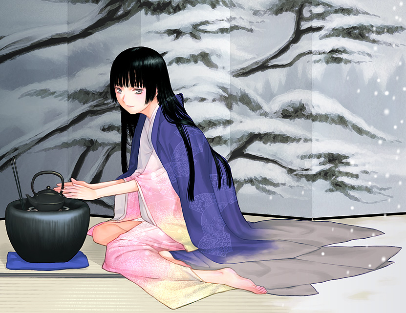 barefoot feet hands hime_cut japanese_clothes kettle kimono original sakamoto_mineji sitting yokozuwari